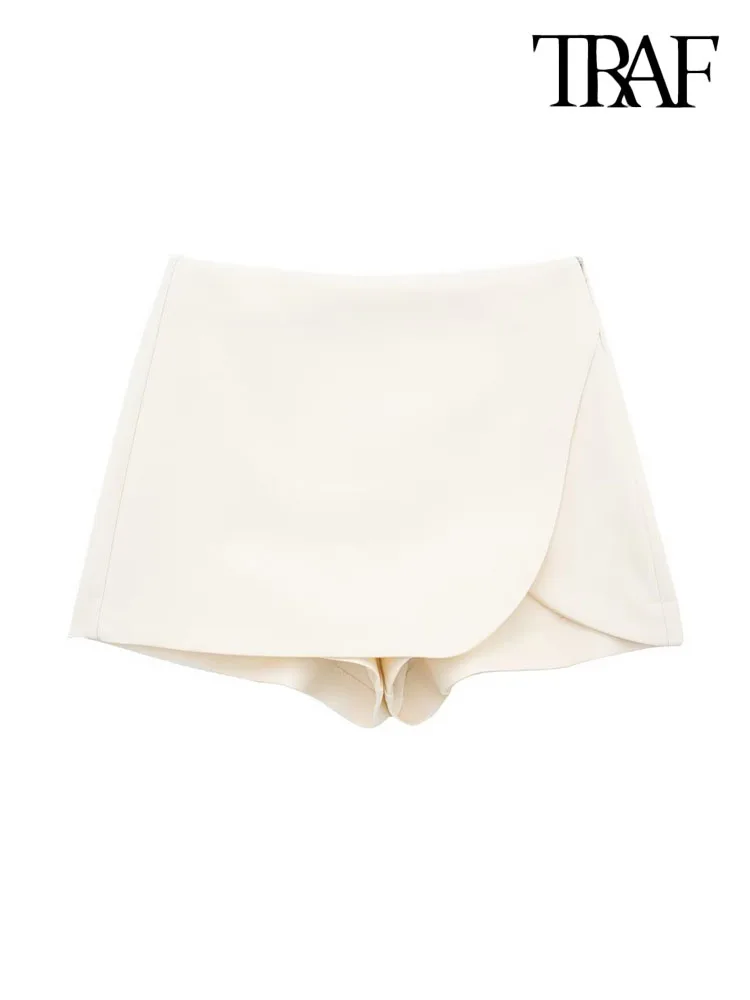 TRAF Women Fashion Pareo Style Self Overlay Shorts Skirts Vintage High Waist Side Zipper Female Skort Mujer