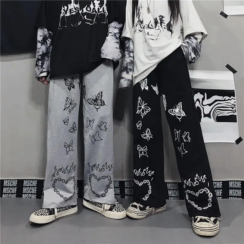 Women's Pants Harajuku Butterfly Print Loose Wide Leg Pants Streetwear Hip-hop Pants for Women Vintage Dark Pant Trousers Women