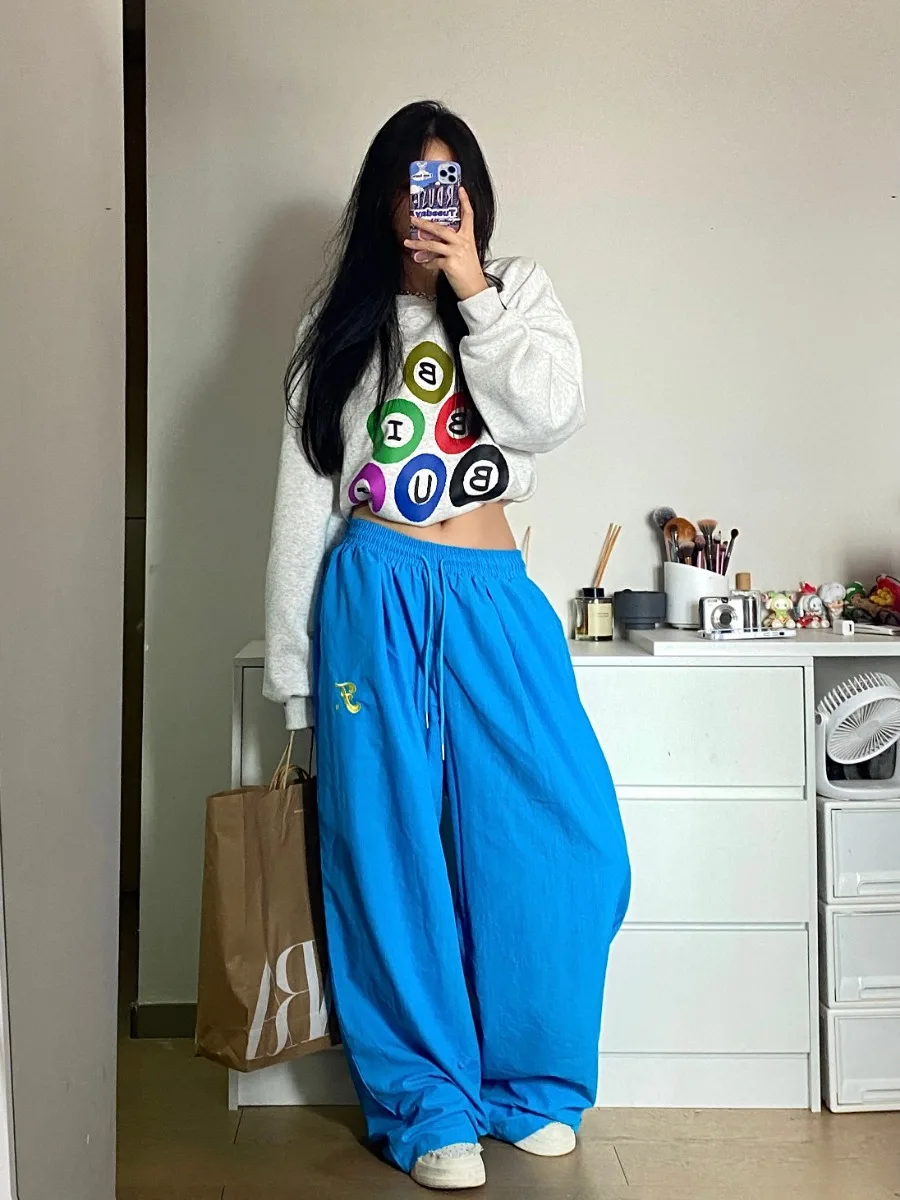 Description Picture 6 of itemQWEEK Korean Fashion Solid Track Pants Women Y2K Kpop Quick Dry Sweatpants Oversize Harajuku Streetwear Hip Hop Wide Leg Joggers