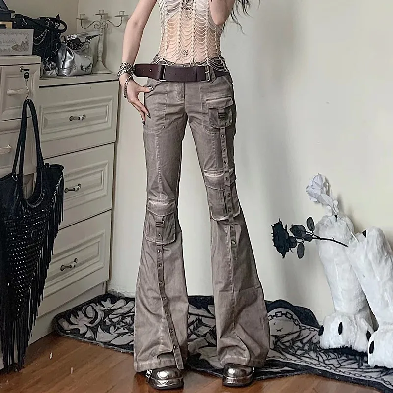 Karrram Grunge Low Waist Flare Pants Vintage Distressed Cargo Pant Wasteland Punk Bell Bottom Jeans American Retro Trouser Y2k