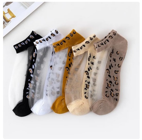 5 Pairs of Women's Glass Filament Fiber, Thin, Transparent Leopard Socks – Stylish and Comfortable Polyester Sock Sole