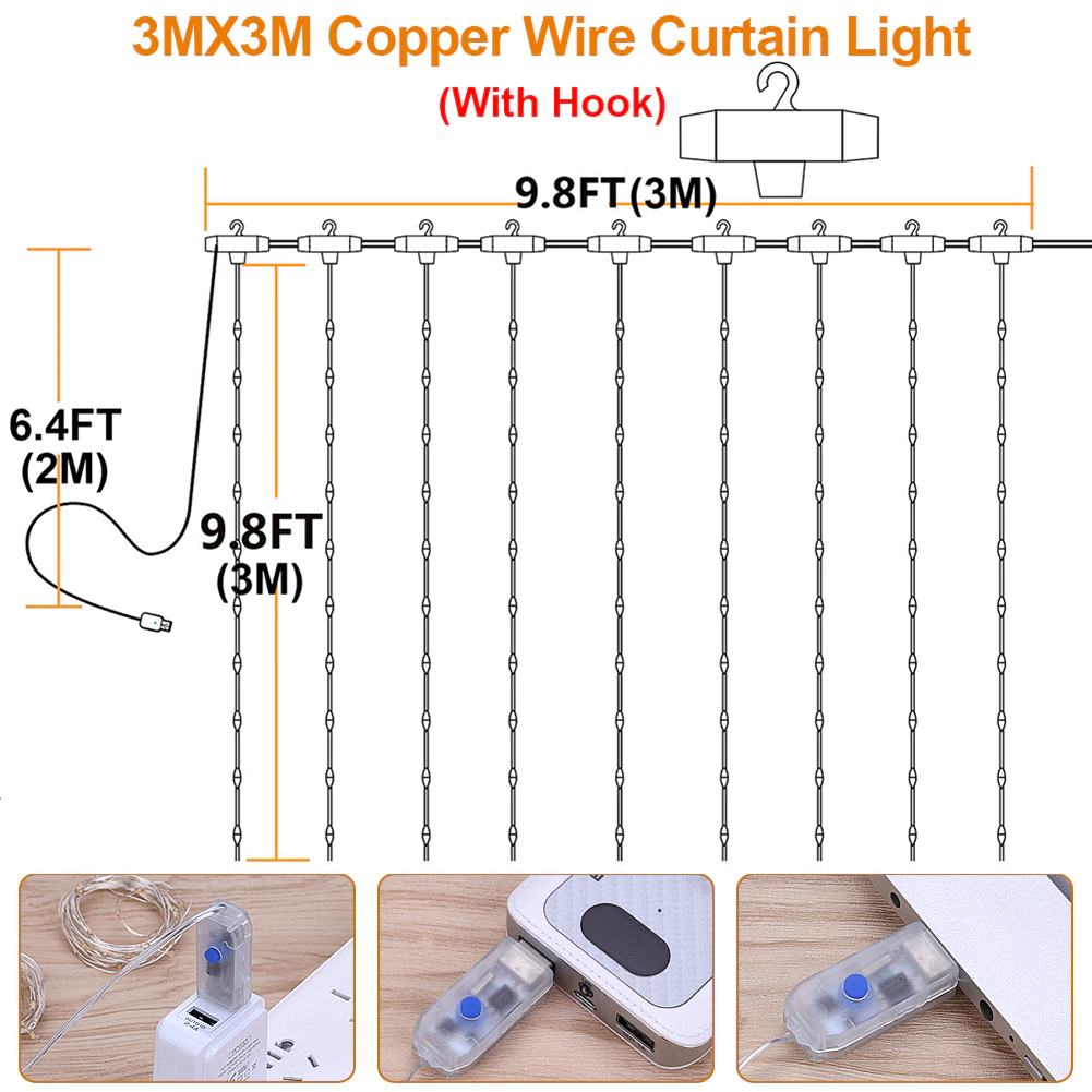Description Picture 4 of itemLED Curtain String Lights Sound Music Activated USB 3MX3M 300LED Remote Control + Hanging Hook Lights
