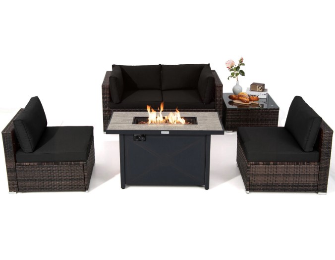 Goplus Patiojoy 6PCS Patio Furniture Set Rattan Cushioned Sofa Gas Fire Pit Table Black