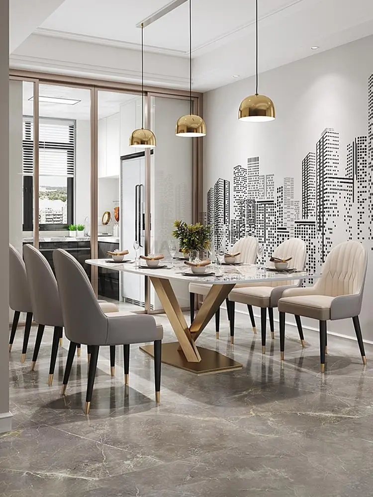 Luxurious Kitchen Table In Rectangle Marble Desk Top Stainless Steel Golden Finish 6 People Luxury Dining Table And Chair Set