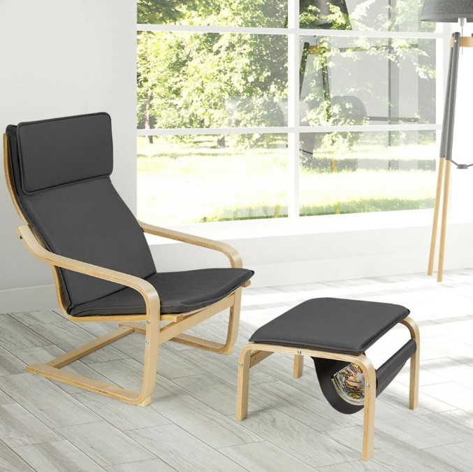 Goplus Relax Lounge Chair Bentwood Armchair & Padded Ottoman Set with Magazine Rack