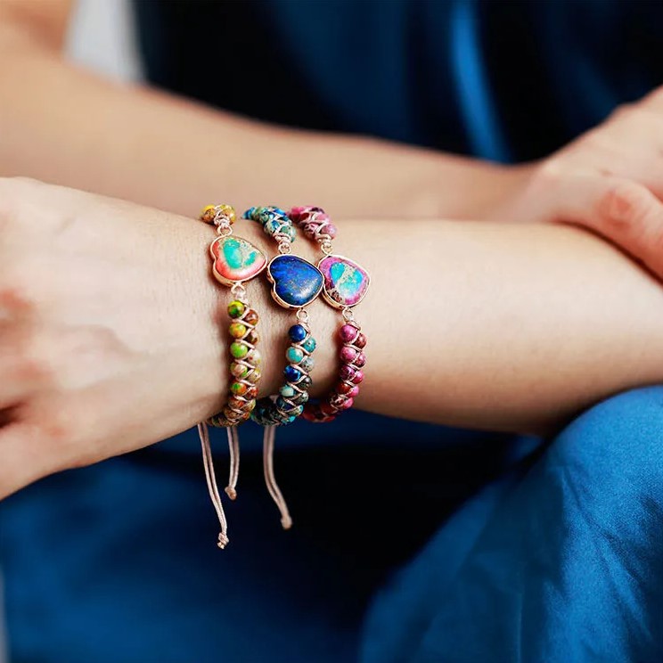 Natural Stone Heart Charm Macrame Bracelets: Jasper Friendship Wrist Wrap Jewelry