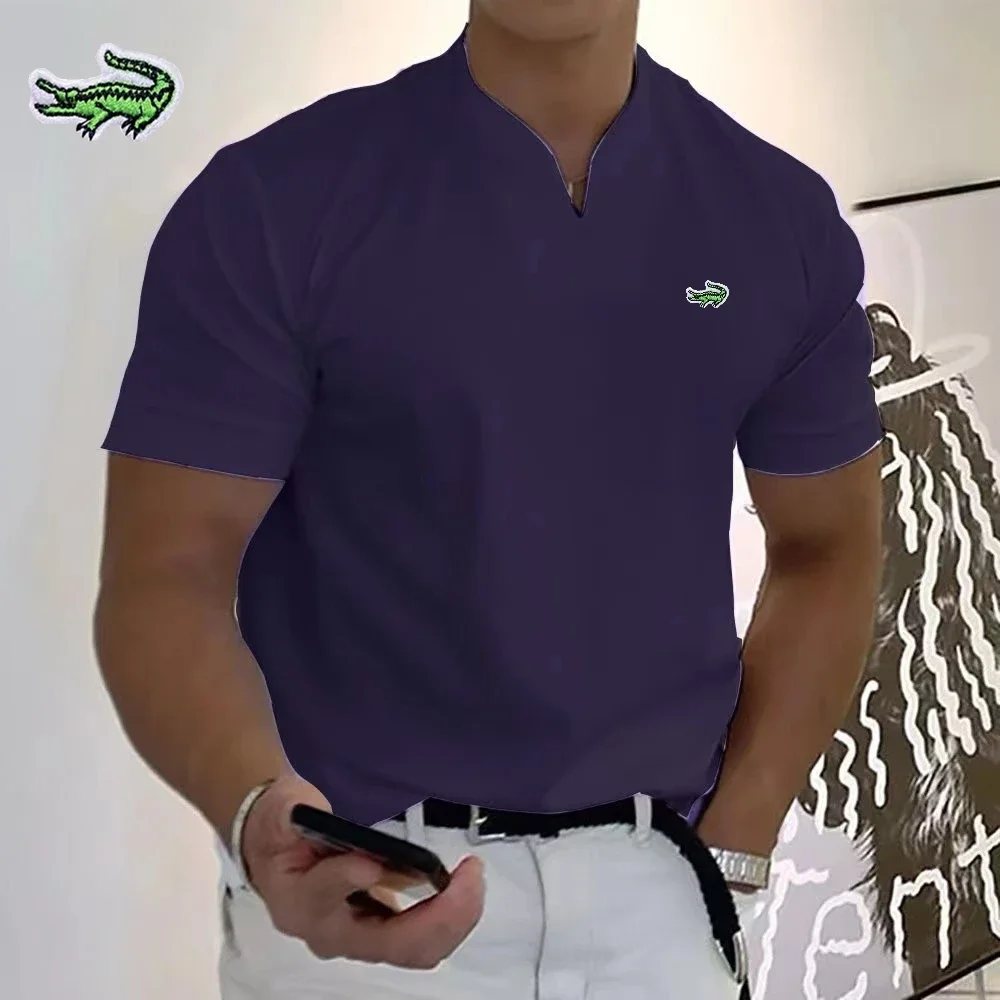 Men's V-neck Polo Shirt High Quality Cotton Embroidery Spring/Summer New Loose Short Sleeve T-shirt Casual Sports Breathable Top