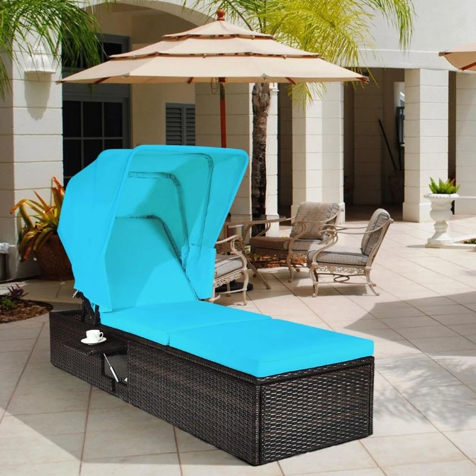 Goplus Patio Rattan Lounge Chair Cushioned with Top Canopy Adjustable and Tea Table