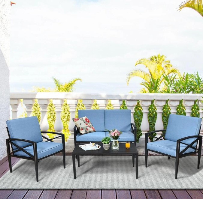 Goplus 4PCS Patio Furniture Set Aluminum Frame Cushioned Sofa, Blue