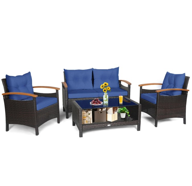 Goplus Patiojoy 4PCS Patio Rattan Furniture Set, Cushioned Sofa, Storage Table, Navy