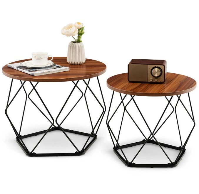 Goplus Costway Round Coffee Table Set of 2 Modern Accent Side Table w/ Steel Base Rustic Brown