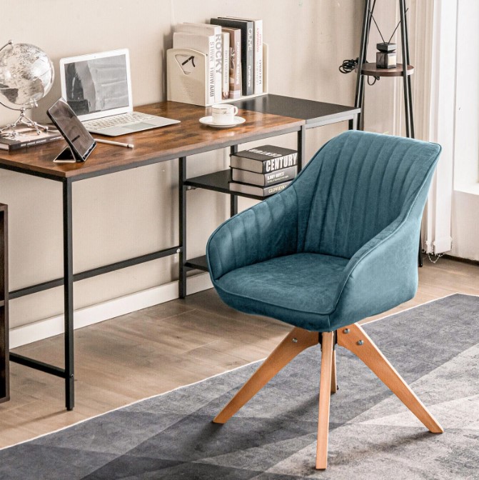 Goplus Costway Set of 2 Swivel Accent Chair Modern Leathaire Armchairs w/ Beech Wood Legs Blue