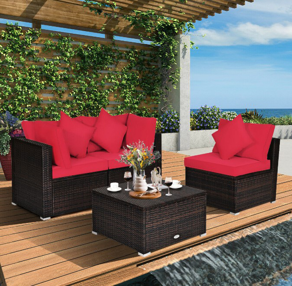 Goplus 4PCS Patio Rattan Wicker Sofa Furniture Set Cushioned Conversation Ottoman Set