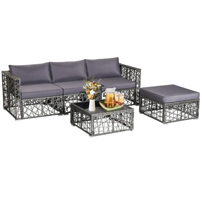 Goplus Patiojoy 5 Pieces Patio PE Rattan Wicker Sofa Furniture Set Cushioned Outdoor Grey