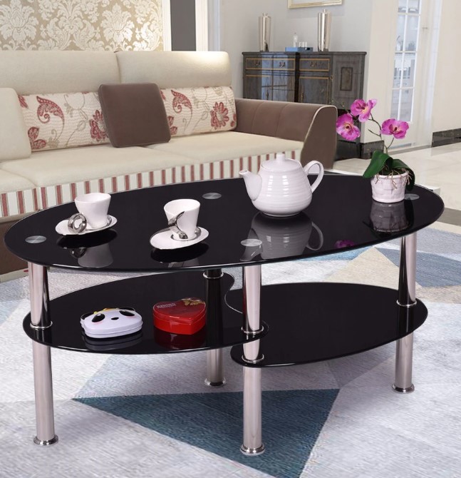 Goplus Tempered Glass Oval Side Coffee Table Shelf Chrome Base Living Room Clear Black Modern Coffee Table