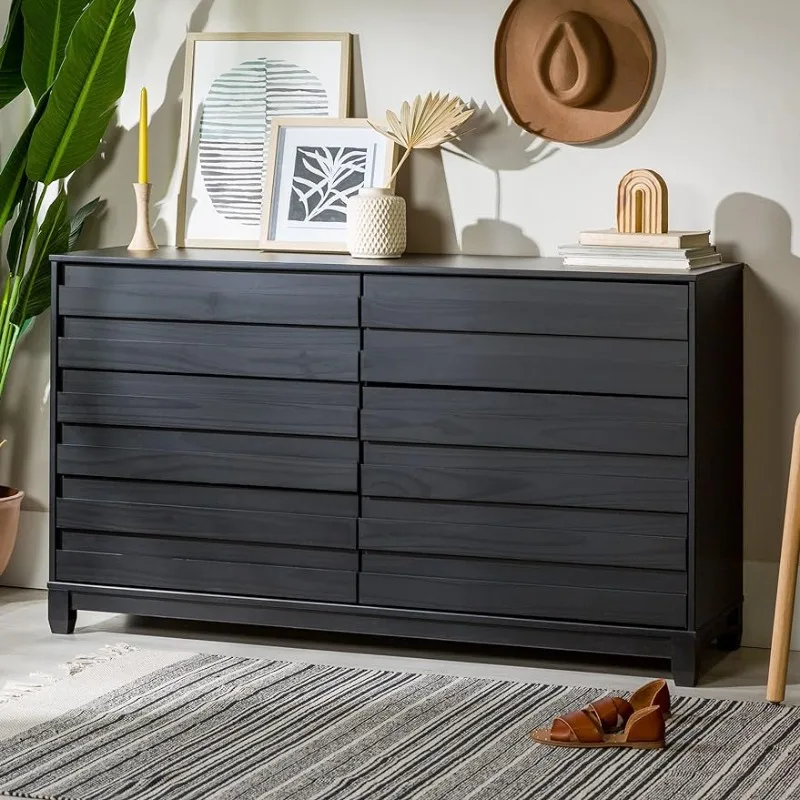 Walker-Edison Mack Contemporary Channel Pull 6 Drawer Solid Wood Dresser, Black, 58 Inch