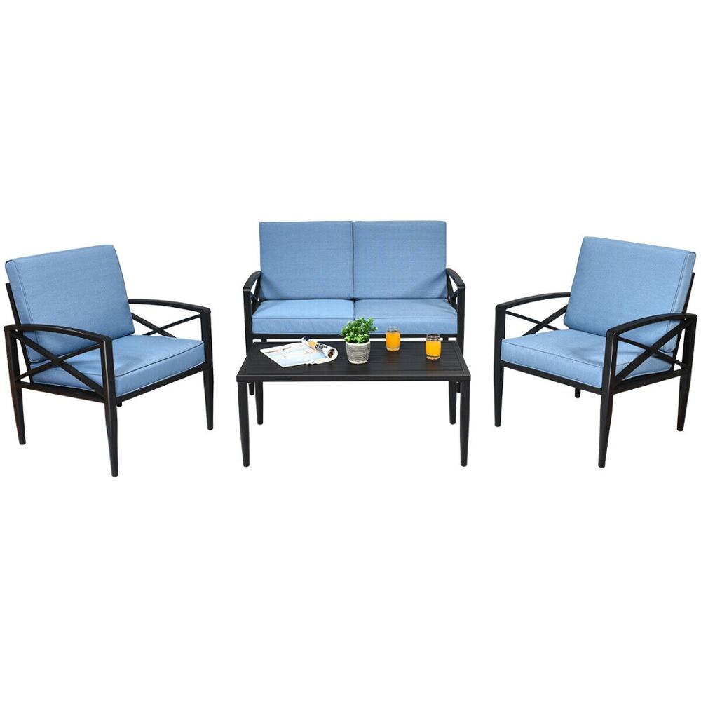 Goplus 4PCS Patio Furniture Set Aluminum Frame Cushioned Sofa, Blue