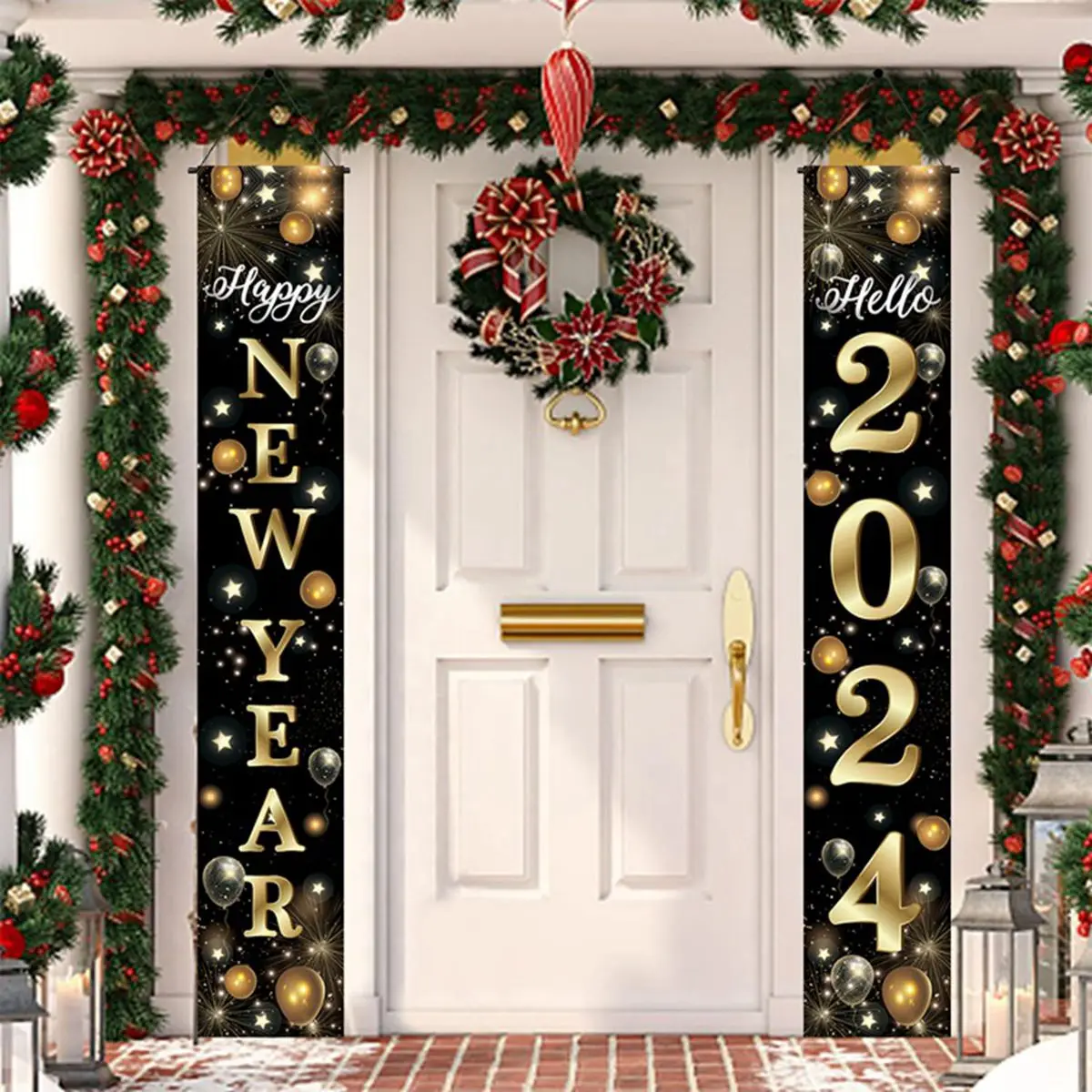 New Year 2024 Decoration Black Gold Table Runners Outdoor Banners Door Curtain Backdrops for Photography New Year Party Supplies