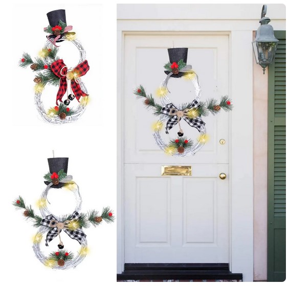 Christmas Luminous Snowman Wreath Garland with LED Lights - Perfect Door Decoration for a Radiant Home Window, Wall, Background