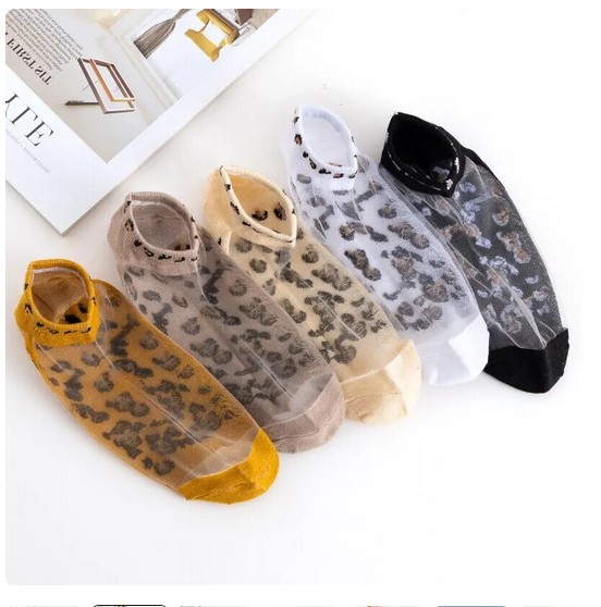 5 Pairs of Women's Glass Filament Fiber, Thin, Transparent Leopard Socks – Stylish and Comfortable Polyester Sock Sole
