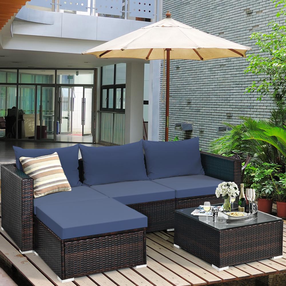 Goplus 5PCS Patio Rattan Furniture Set Sectional Conversation Sofa with Coffee Table