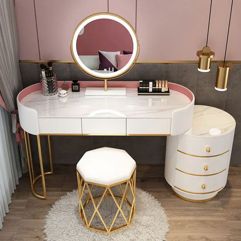 Mordern White Gold Vanity Desk Dressing Table with Mirror Makeup Table with LED Lighting 6 Drawers for Bedroom Home Furniture