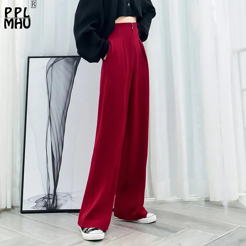 Design Zipper High Waist Wide Leg Pants Women 2023 Spring Summer Thin Elegant Red Pantalones Office Lady Work Baggy Trousers