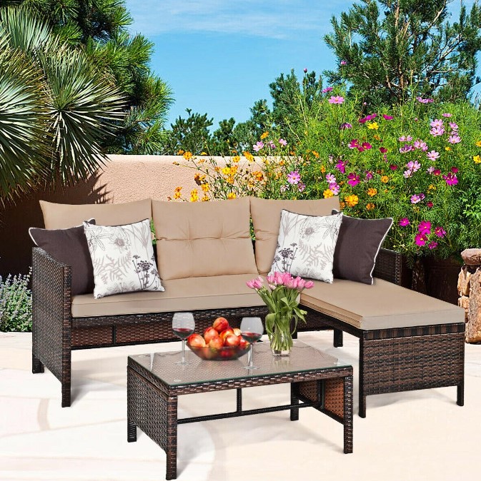 Goplus Costway 3PCS Patio Wicker Rattan Sofa Set Outdoor Sectional Conversation Set Garden Lawn