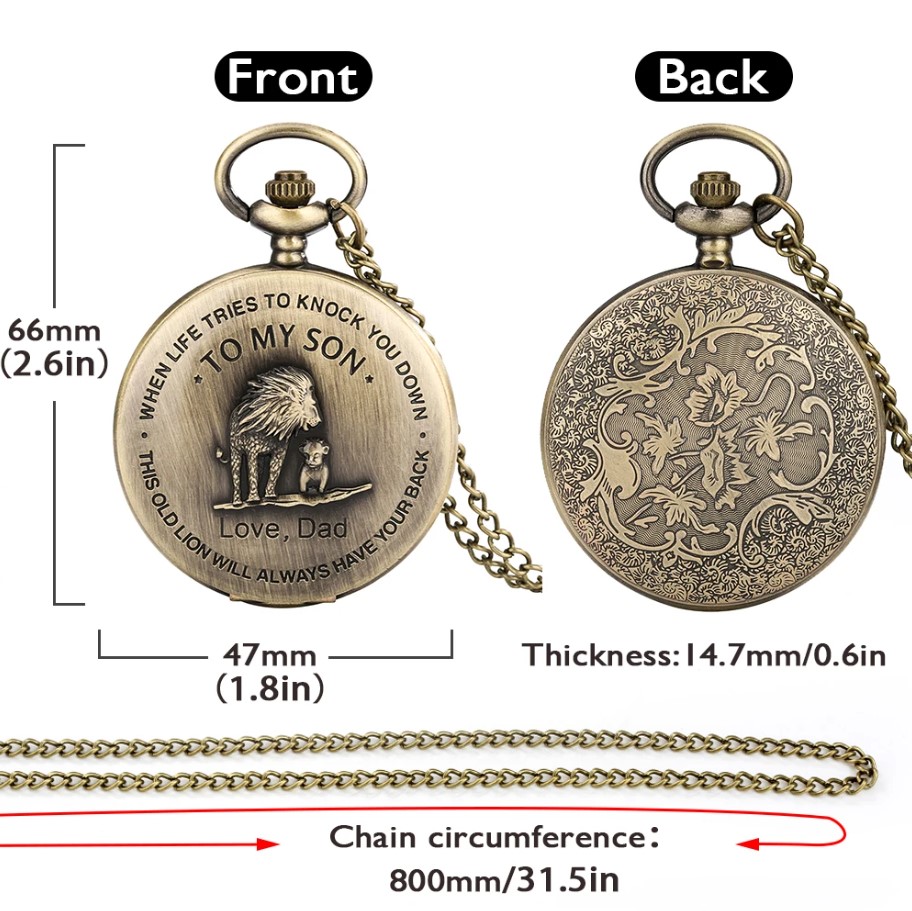 Description Picture 2 of itemBronze Lion 'To My Son' Customized Quartz Pocket Watch Necklace - Best Gift for Sons
