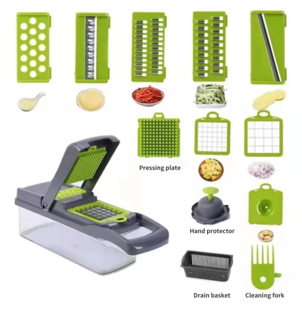 Description Picture 5 of itemVegMaster Pro: 12-in-1 Multifunctional Vegetable Slicer Cutter - Green Black Design with Basket for Effortless Shredding
