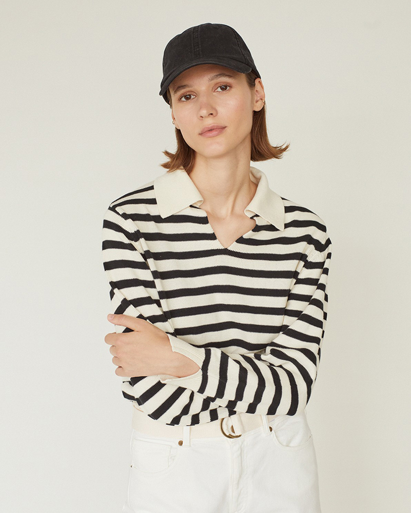 100% ORGANIC-COTTON STRIPED SWEATER WITH COLLAR ECRU