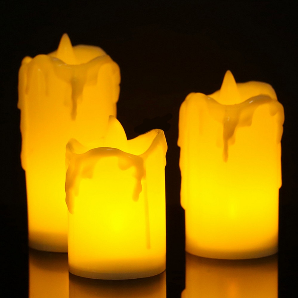 LED Flickering Dirp Wax Amber Yellow Flame Candles 55/70/85mm Tall Battery Powered 3PC