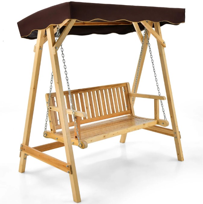 Goplus Costway 2 Person Wooden Garden Canopy Swing A-frame w/ Weather-resistant Canopy