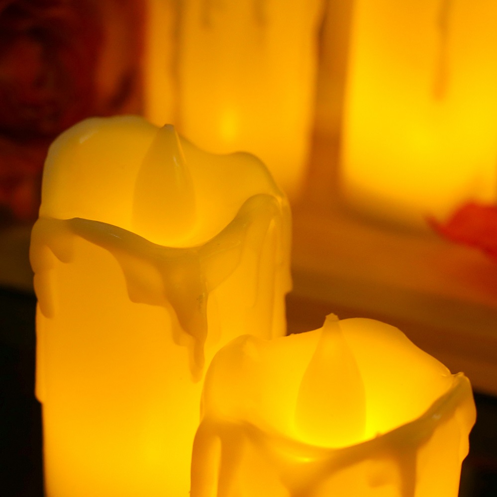 LED Flickering Dirp Wax Amber Yellow Flame Candles 55/70/85mm Tall Battery Powered 3PC
