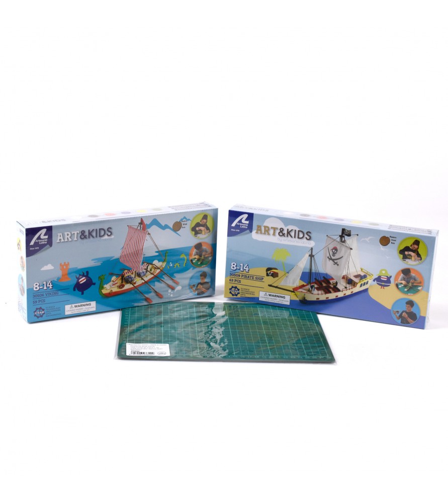Gift Pack with Models for Kids and Accessory: Viking Ship, Pirate Ship and A4 Cutting Mat