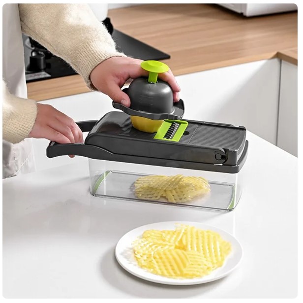 Description Picture 6 of itemVegMaster Pro: 12-in-1 Multifunctional Vegetable Slicer Cutter - Green Black Design with Basket for Effortless Shredding