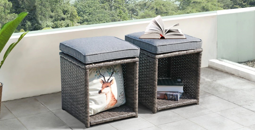 Description Picture 3 of itemJARDINA 2 Pieces Wicker Outdoor Storage Ottoman Patio Ottoman with Cushions