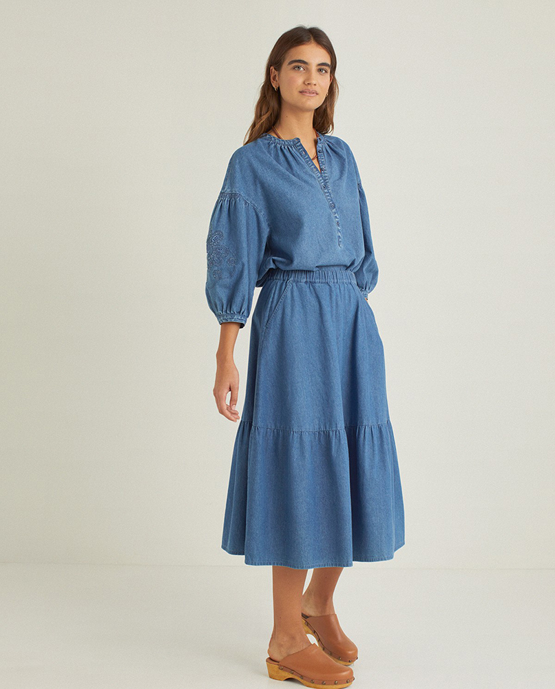 100% COTTON DENIM MIDI SKIRT INDIGO