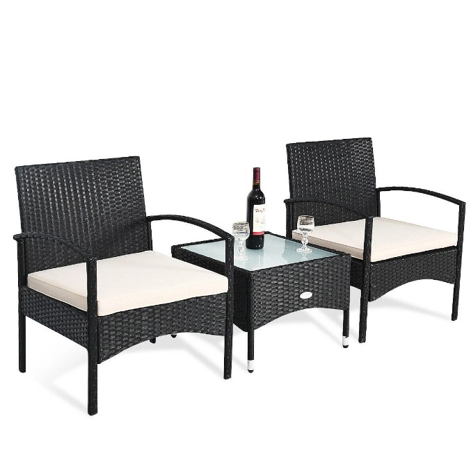 Goplus 3 PCS Patio Wicker Rattan Furniture Set Coffee Table & 2 Rattan Chair with Cushion