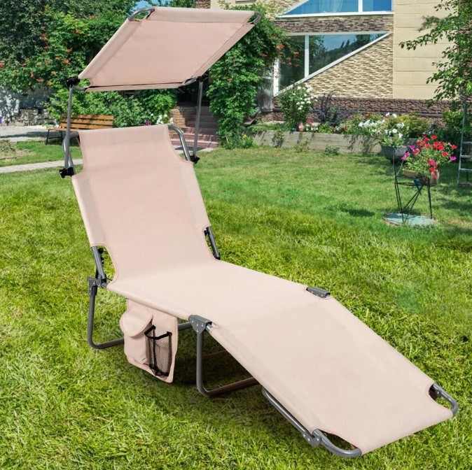 Goplus Foldable Lounge Chair Adjustable Outdoor Beach Patio Pool Recliner with Sun Shade