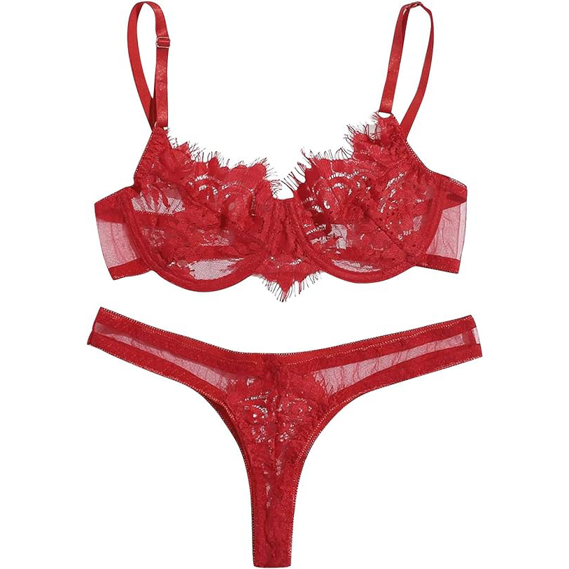 Christmas 2-Piece Lingerie Set with Steel Ring Bra - Women's Floral Transparent Lace Bra and Panty Ensemble