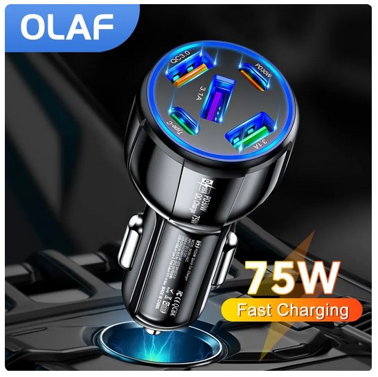 OLAF 5 Port 75W USB Car Charger - Type C Car Charger with Fast Charging PD QC3.0, Ideal for iPhone, Iconic Brand, Huawei, Samsung