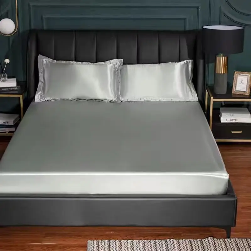 Washable 1pc satin fitted sheet elastic mattress protector cover solid embroidery luxury bed sheet (Need order pillowcases)