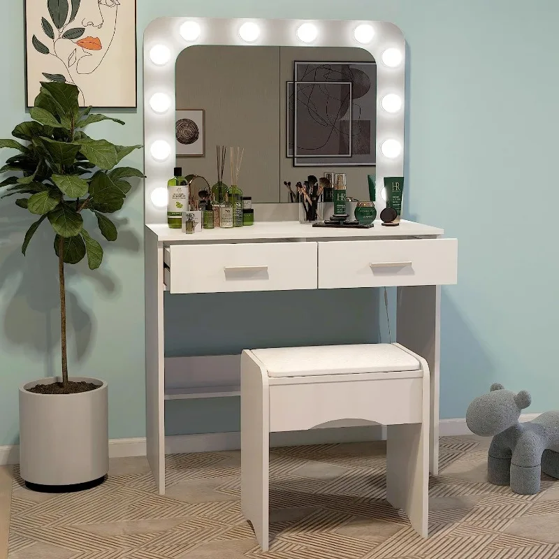 NeuType Makeup Vanity, Vanity Desk with Mirror and Lights, Makeup Vanity with Lights, Makeup Vanity with 2 Drawers, White Vanity