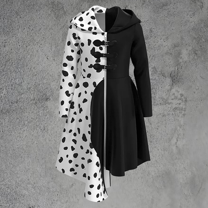 101 Dalmatians White/ Black Costume Cruella De vil Dress with Hood Halloween Cosplay Outfit