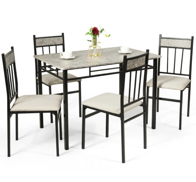 Goplus 5 Piece Dining Set Faux Marble Top Table and 4 Padded Seat Chairs w/ Metal Legs