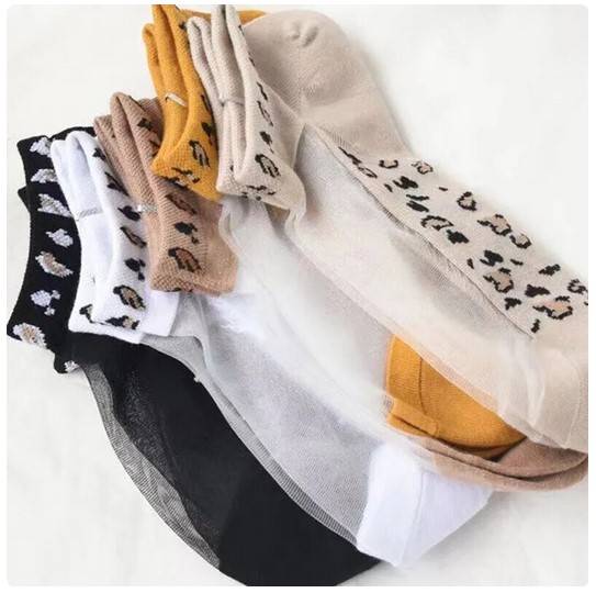 5 Pairs of Women's Glass Filament Fiber, Thin, Transparent Leopard Socks – Stylish and Comfortable Polyester Sock Sole