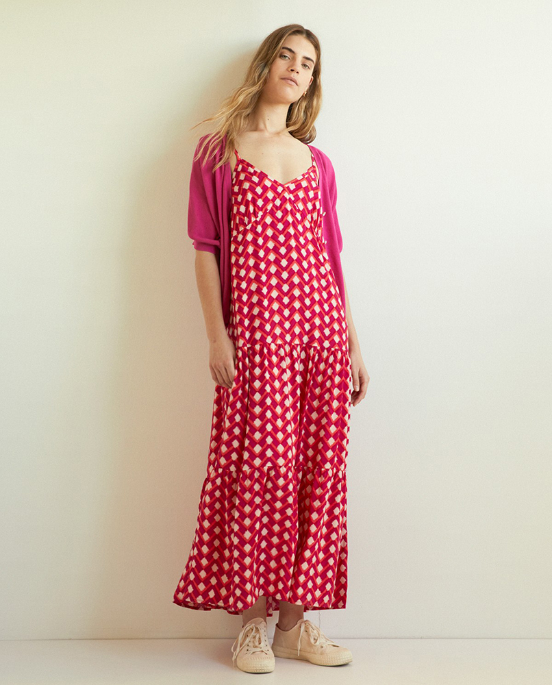 FLOWY GEOMETRIC-PRINT DRESS FUCHSIA