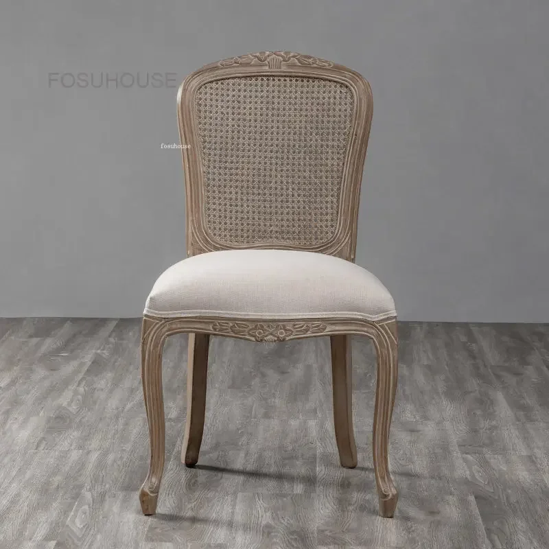 Italian Rattan Mesh Backrest Living Room Chairs Solid Wood Carving Designer Dining Chair Living Room Furniture Leather Armchairs