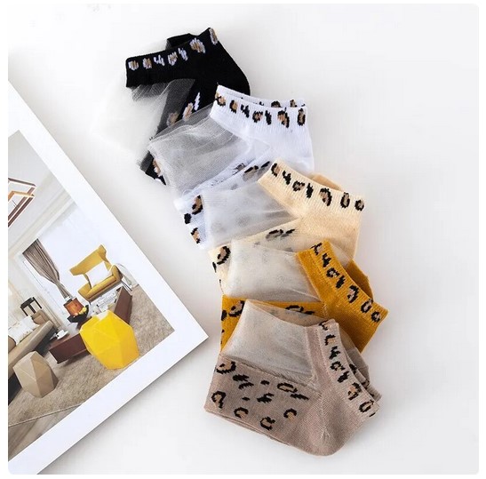 5 Pairs of Women's Glass Filament Fiber, Thin, Transparent Leopard Socks – Stylish and Comfortable Polyester Sock Sole